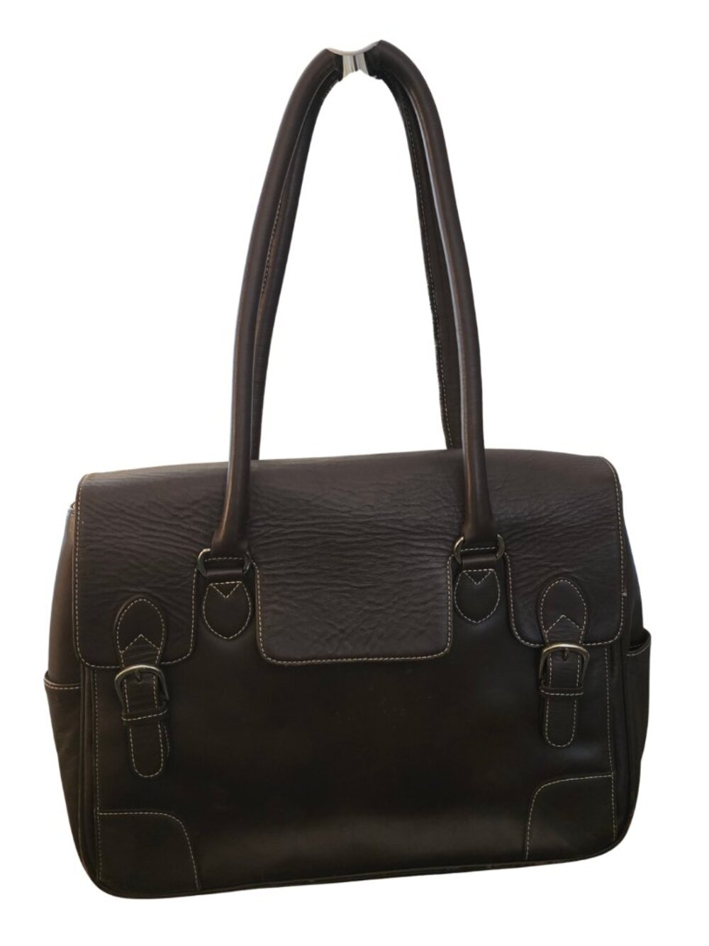 Levenger Genuine Leather Expandable Briefcase Laptop Shoulder Bag Dk Brown